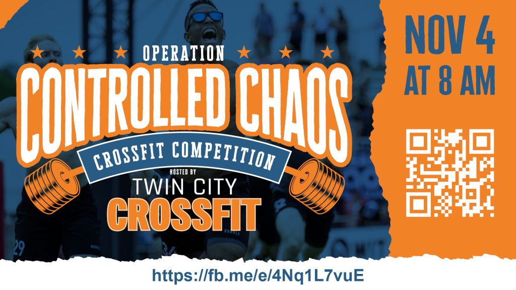 Colorful infographic showcasing key details of the Operation Controlled Chaos Crossfit Competition, hosted by Twin City Crossfit in Texarkana, Texas. The infographic provides information on the event date, time, location, and entry fee. Various icons represent the different challenges, including Partner WODs, Weightlifting, Cardio, Gymnastics, and Mixed Workout.